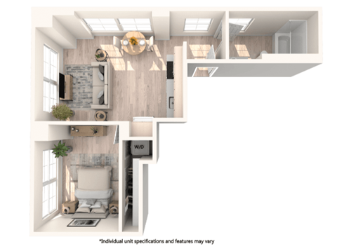 Floor plan for 1 bed, 1 bath, 604 sqft